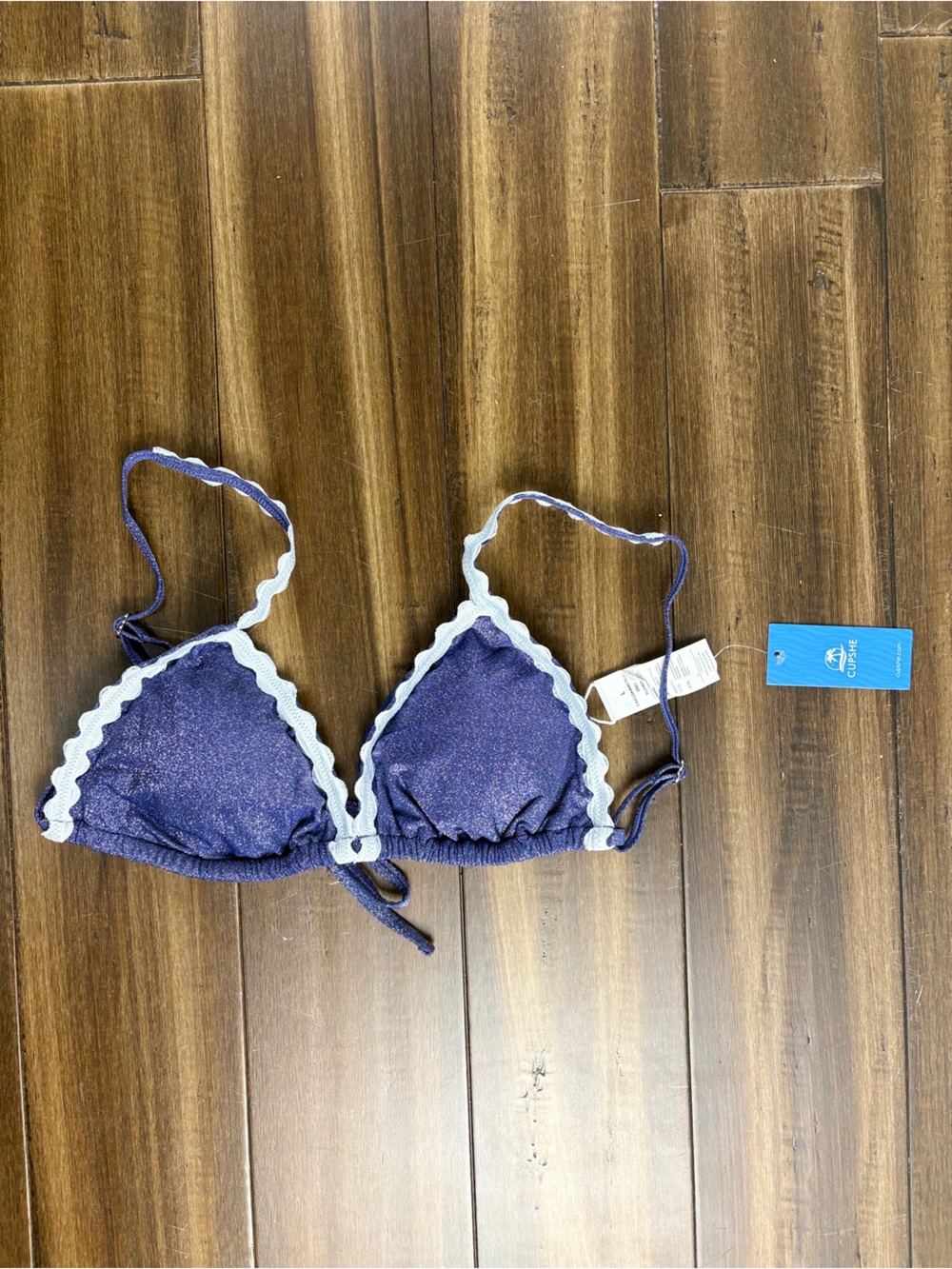NWT Sz L TOP Dazzling Triangle Navy Blue and White Scalloped Bikini - Picture 6 of 10